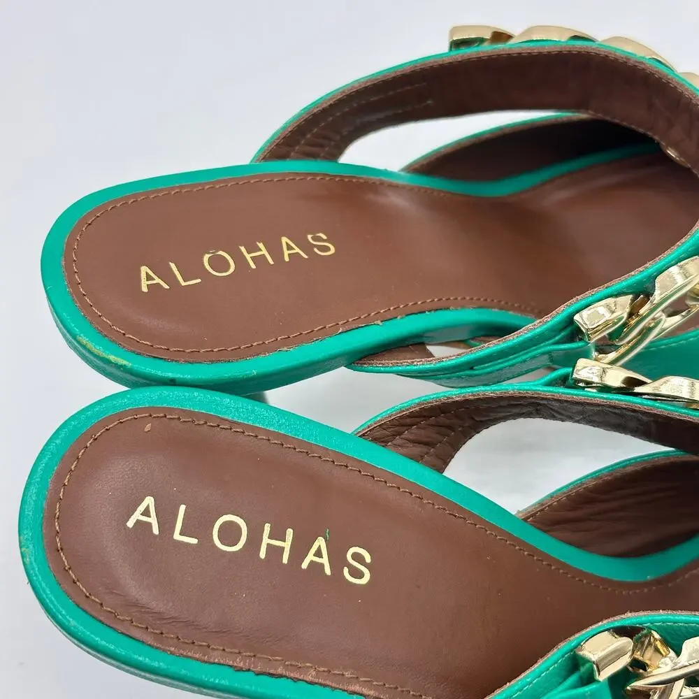 ALOHAS Daisy Heeled Mule Gold Chain Kelly Green Sz 37 / US 6 $195